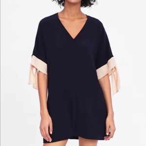 Zara Navy Shift Dress with pink bows on sleeves